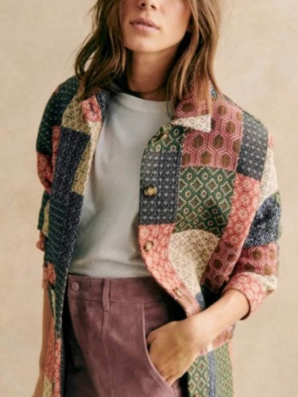 NEW WITH DEFECTS Sezane Patchwork Will Jacket Sz S Dama Patchwork Cotton Blend